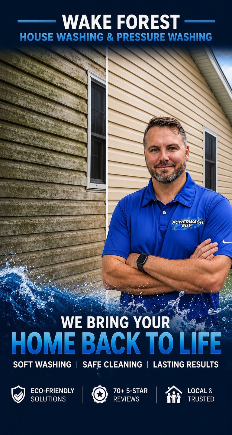 Wake Forest house washing professional in blue shirt standing before and after house exterior cleaning demonstration