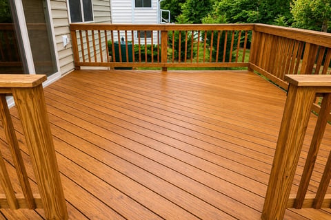 A spacious wooden deck with railings, and a house with green trees