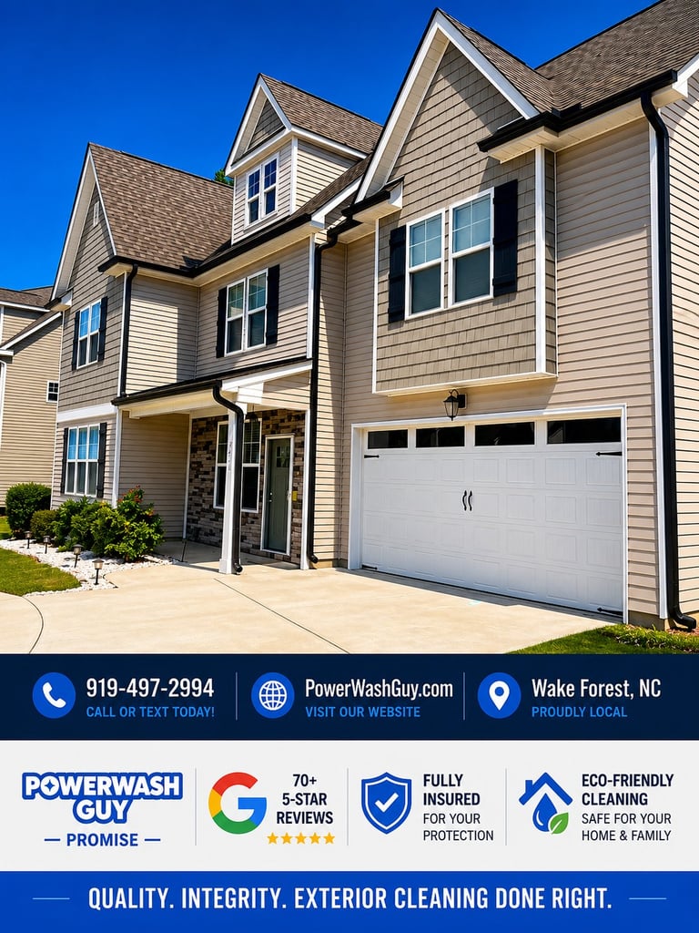 Two-story beige house with gray roof and white garage door under clear blue sky, featuring PowerWash Guy contact and service information