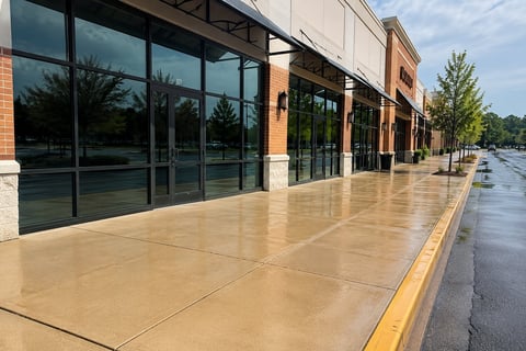 Empty storefront with large windows and wet concrete sidewalk lined with yellow curbing and landscaping