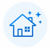 Blue house icon with sparkles on light blue circular background, representing home cleaning or property care