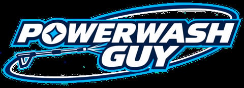 Powerwash Guy logo featuring blue and white text with a pressure washer nozzle graphic