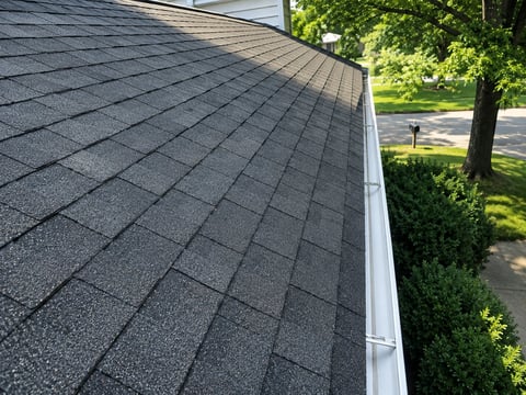Asphalt shingle roof with white gutters overlooking a tree-lined residential yard and street