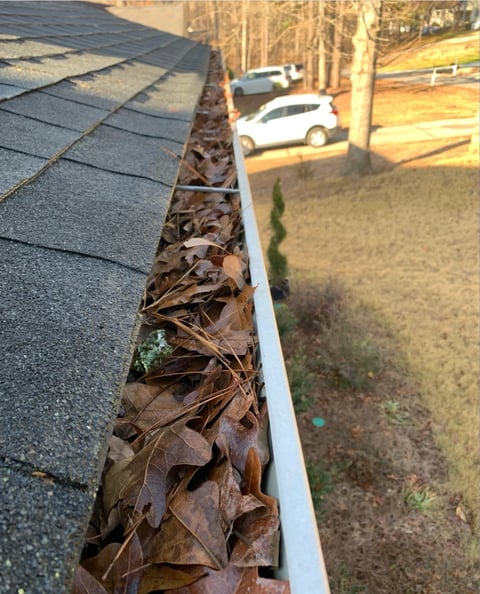 Close-up of a residential gutter filled with dried leaves and debris, with a driveway and parked car visible in the background