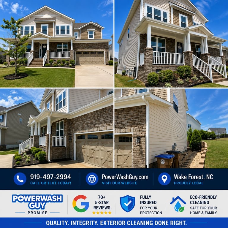Four homes in Wake Forest, NC showcasing PowerWashGuy exterior cleaning services with contact information and company credentials displayed below