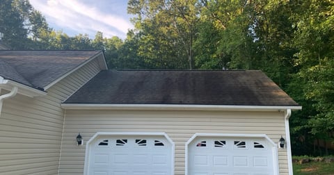 Two-car garage with white siding and dark roof surrounded by green trees in suburban residential setting