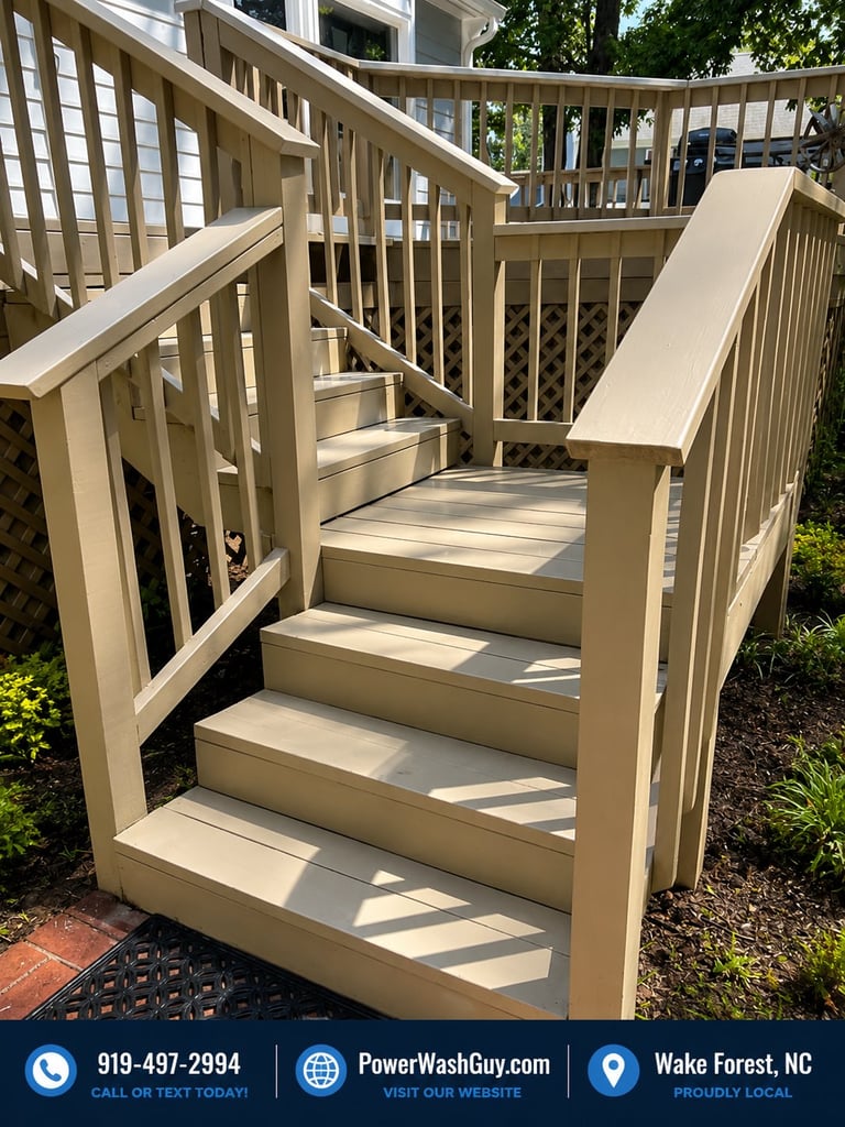 Wooden deck steps in Wake Forest NC restored after professional deck cleaning by Powerwash Guy