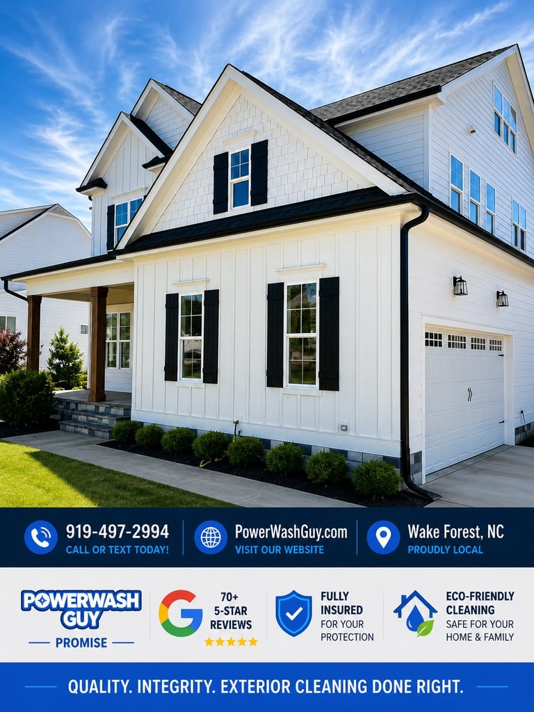 Modern white farmhouse with black trim and garage against blue sky, PowerWash Guy contact information and service badges displayed at bottom