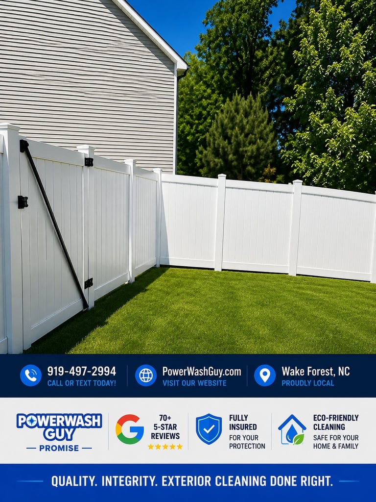 White vinyl fence surrounding a green grass yard next to a light blue house with trees in background