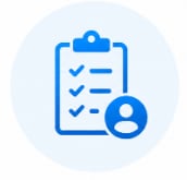 Blue clipboard icon with checkmarks and user profile symbol, representing task management or user account verification