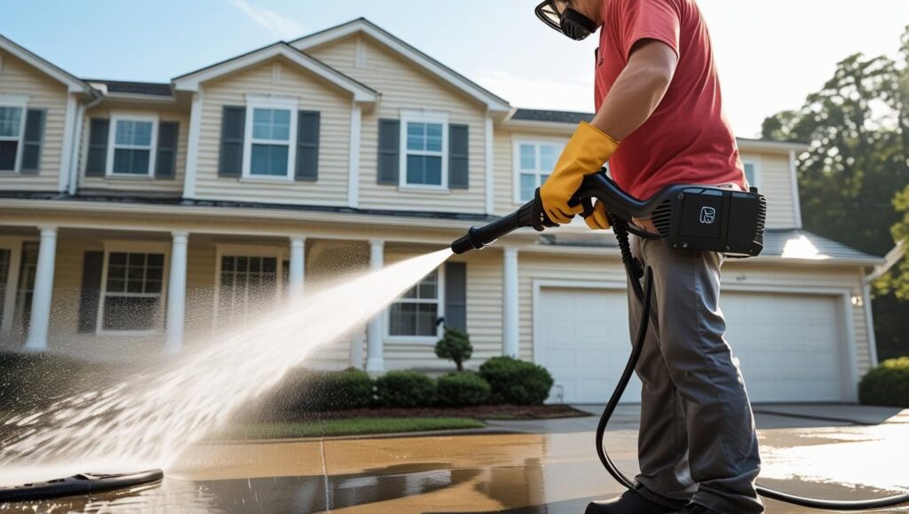 Man pressure washing a driveway in front of a suburban house.